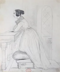 George Sand (1804-76) inginocchiata su un pouf e con i gomiti su una balaustra, 1833